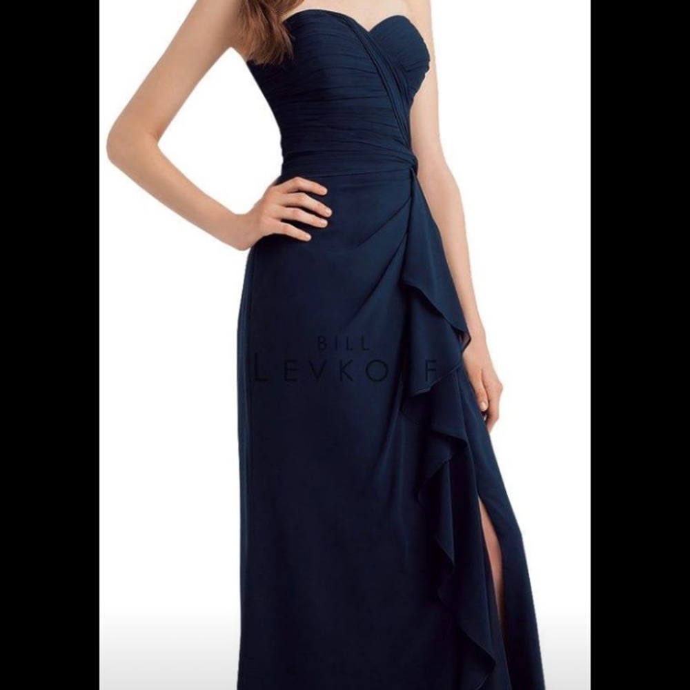 Bill Levkoff- full length strapless dress- navy